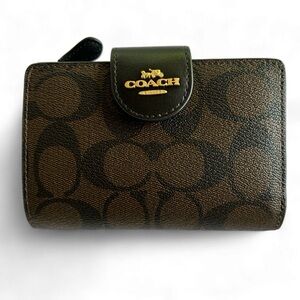 Coach Medium Corner Zip Wallet In Signature Canvas In Black/Brown